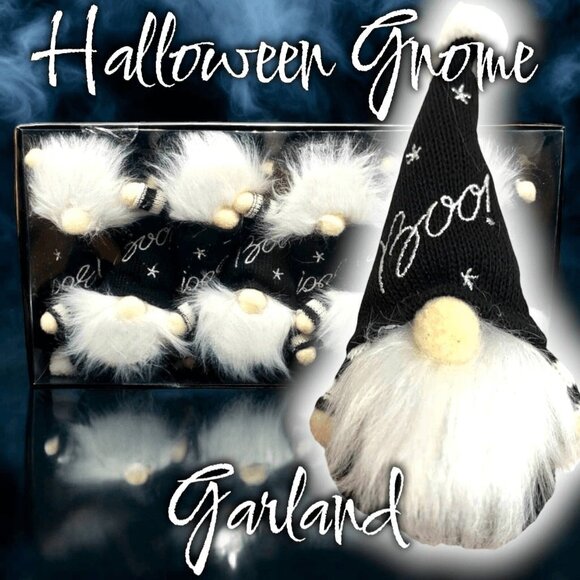 Halloween Witch Gnomes Garland Banner Boo Black White Mantel Party Decor 6ft - Picture 1 of 8
